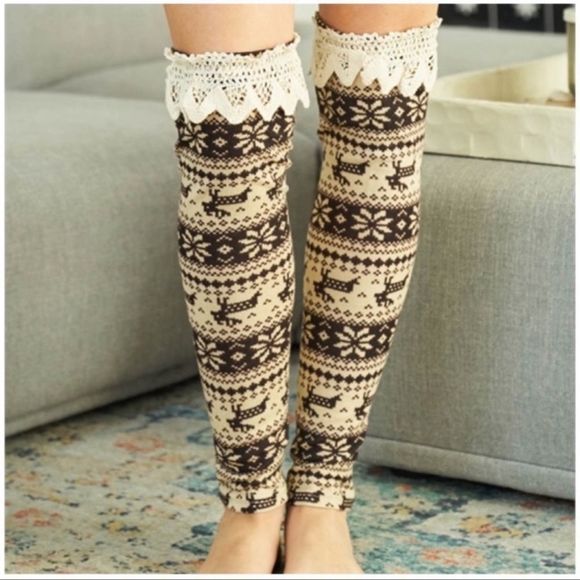 A’reve Brown White Lace Top Leg Warmers Sz M/L - Picture 1 of 4